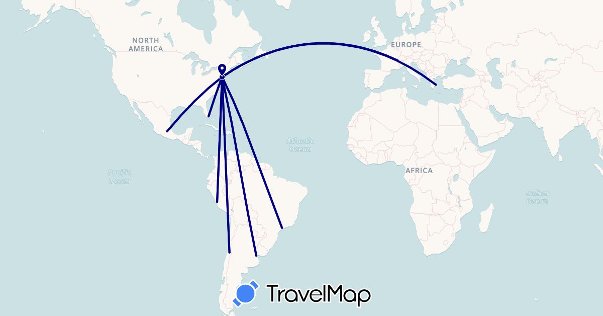 TravelMap itinerary: driving in Argentina, Brazil, Switzerland, Chile, Greece, Mexico, Peru, United States (Europe, North America, South America)